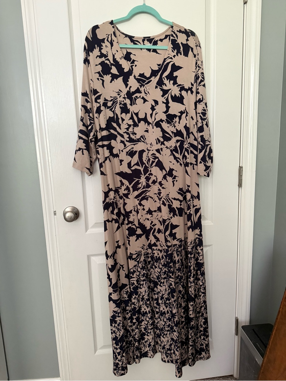 Beige and Navy Floral V-Neck Maxi Dress